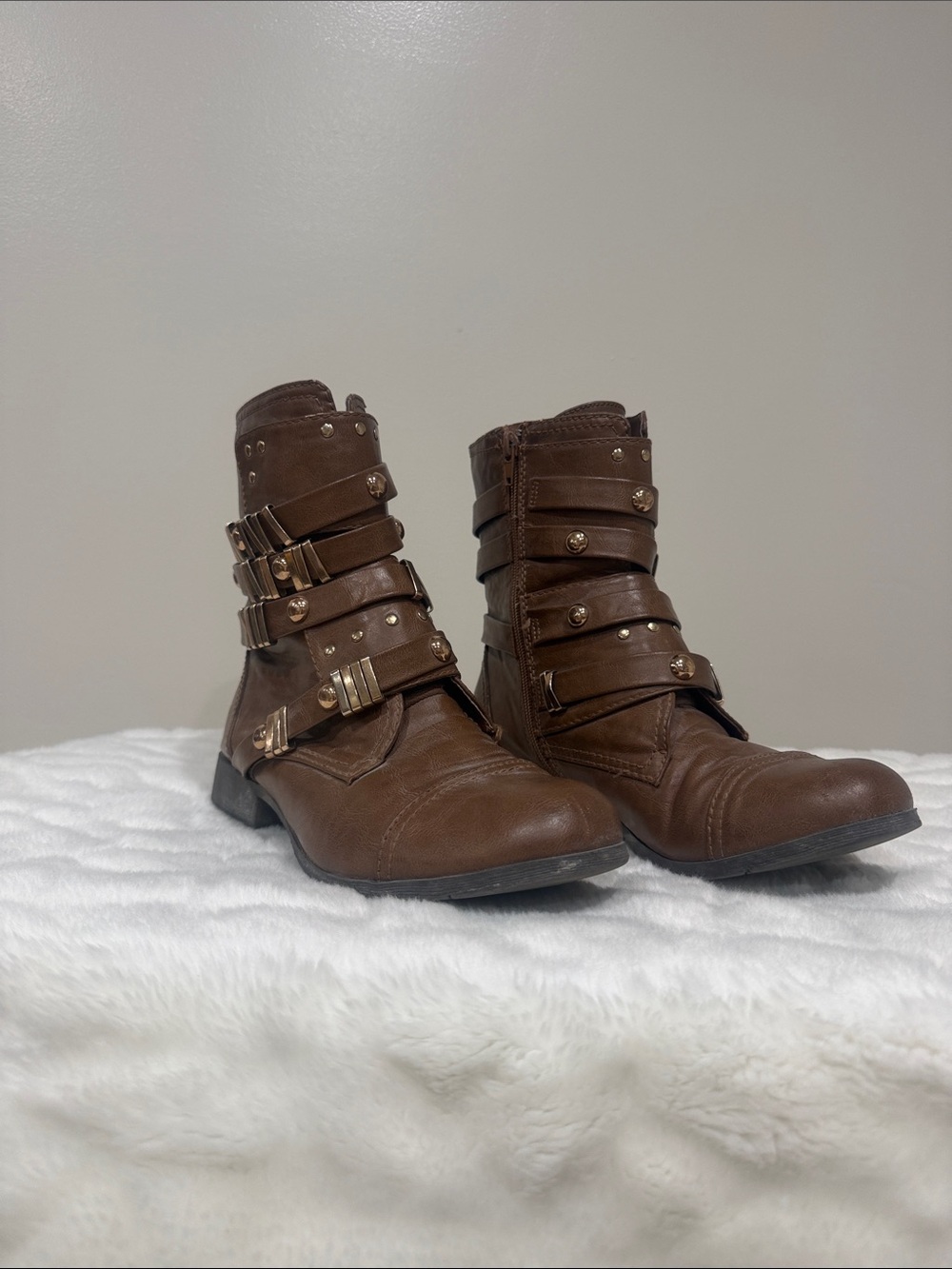 Soda Brown Buckle-Strap Combat Ankle Boots